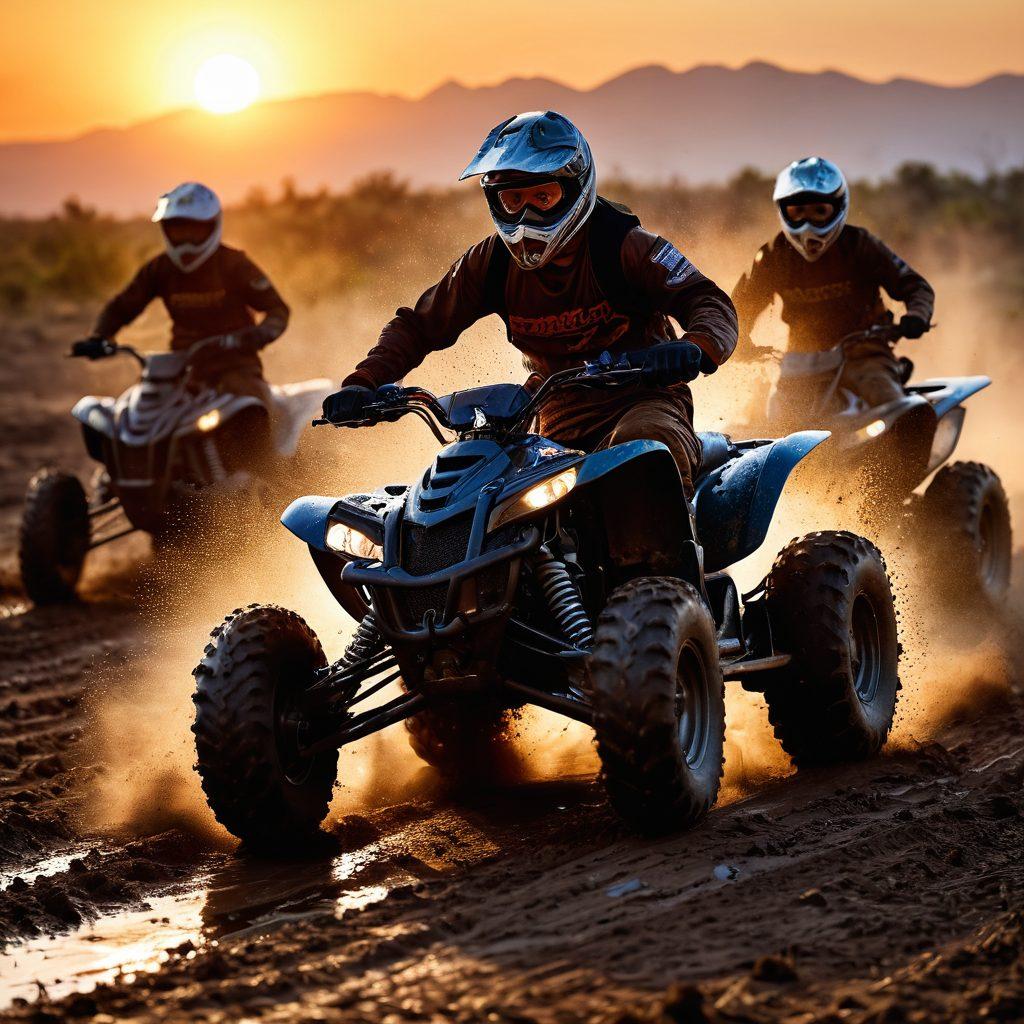 A dynamic scene depicting a powerful ATV racing through rugged terrain, spray of mud and dirt flying behind it. In the background, a sunset casts an exhilarating glow over a group of thrill-seeking riders smiling and cheering, wearing vibrant helmets and gear. The energy and movement of the moment capture the adrenaline of powersport adventures. super-realistic. vibrant colors. action-packed.