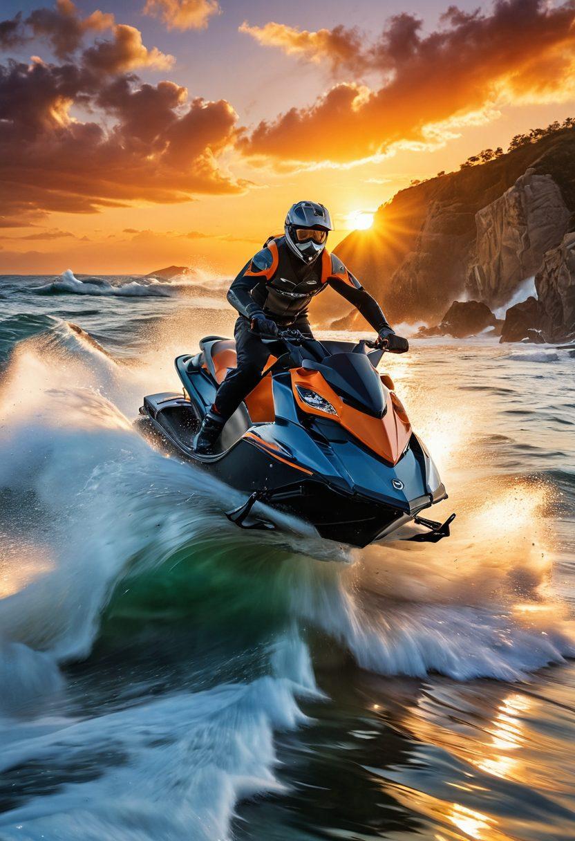 A breathtaking scene of an adventurous powersport enthusiast soaring through the air on a powerful jet ski, with splashes of water around. The backdrop features dramatic waves crashing against rocky cliffs under a vibrant sunset sky, capturing the essence of thrill and freedom. Elements like excited spectators on the shore and a flock of birds soaring above add dynamic energy to the composition. super-realistic. vibrant colors. outdoor adventure theme.