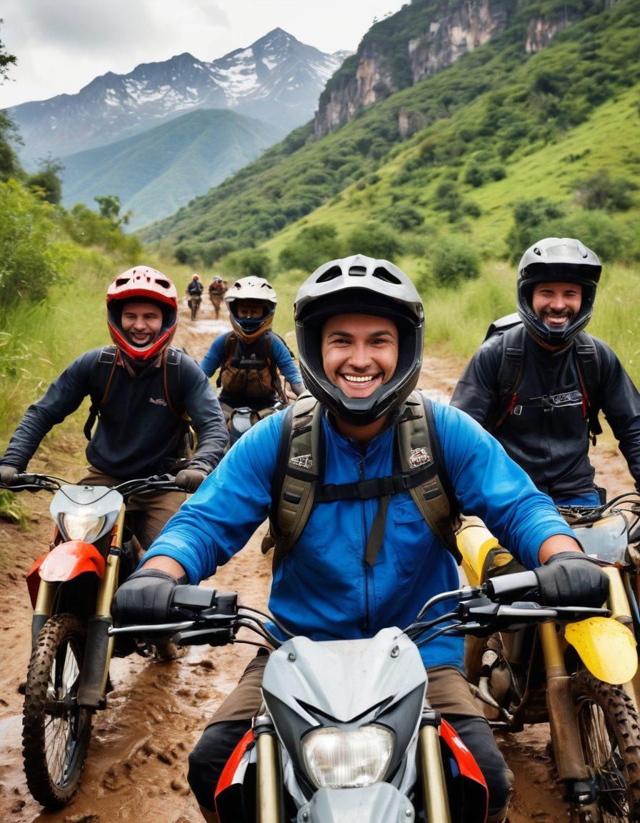 A close-up of a diverse group of enthusiastic riders wearing helmets, grinning as they gather around powerful off-road motorcycles on a rugged trail surrounded by breathtaking mountains and lush greenery. The atmosphere is joyful and adventurous, capturing the spirit of camaraderie and passion. Include vivid dirt and mud splashes on the bikes and riders. super-realistic. vibrant colors. adventurous background.